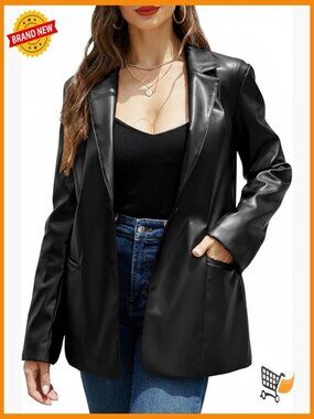Vegan Leather Blazer Jacket Lapel Button Down Coat Spring Fall Fashion